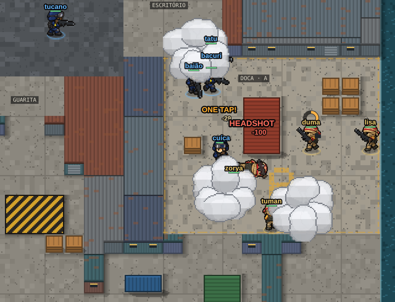 Partida no mapa Estaleiro: CTs entram na fumaça da Doca A enquanto um TR planta a bomba, com headshot e one tap na tela.